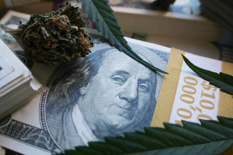 Cannabis and a stack of hundred dollar bills.