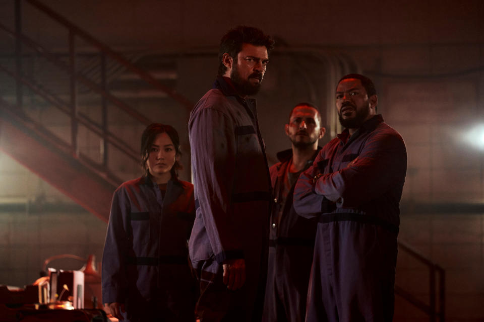 Kimiko (Karen Fukuhara), Billy Butcher (Karl Urban), Frenchie (Tomer Capone) and Mother's Milk (Laz Alonso) in The Boys Season 3. (Prime Video)