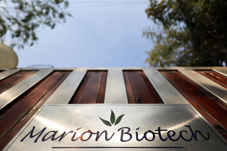 Logo of Marion Biotech, a healthcare and pharmaceutical company is seen on a gate outside their office in Noida, India, December 29, 2022. REUTERS/Anushree Fadnavis