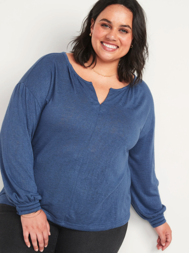 Split-Neck Crochet-Trim Plus-Size Long-Sleeve Top. Image via Old Navy.