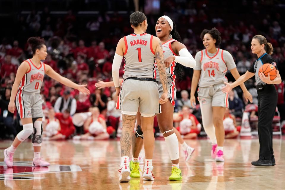 Ohio State's Cotie McMahon, here celebrating a basket with Rikki Harris, had her fifth double-double of the season in an 80-47 win over Nebraska. She scored 20 points and grabbed 10 rebounds.