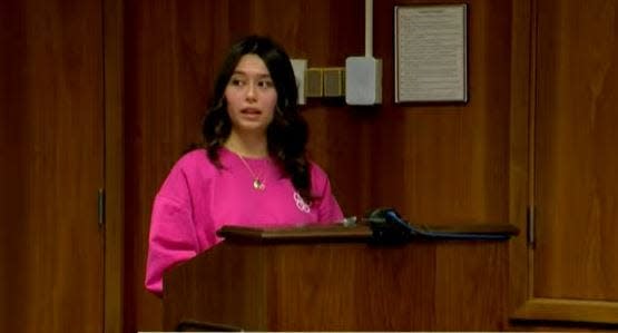 Reina St. Juliana, sister of Hana St. Juliana, delivers an impact statement on Dec. 8, 2023 in an Oakland County courtroom.