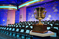 <p>The 90th Scripps National Spelling Bee trophy is displayed onstage prior to the start of preliminary rounds in Oxon Hill, Md., Wednesday, May 31, 2017. (AP Photo/Cliff Owen) </p>