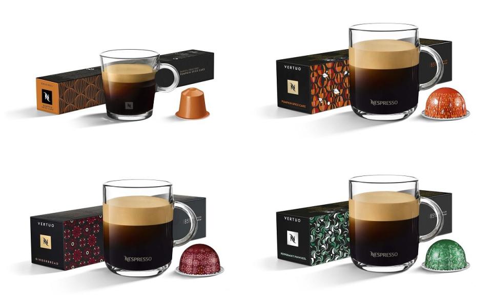 Nespresso新推出充滿節慶感、以南瓜香料蛋糕、薑餅、薄荷糖果為靈感的三款特色咖啡風味膠囊。 圖片來源：Nespresso