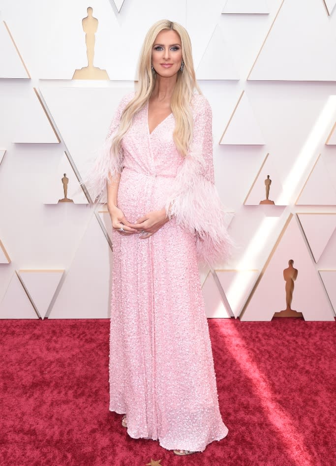 Nicky Hilton wearing a light pink sequin-covered gown from Jenny Packham’s fall ’21 collection. - Credit: Gilbert Flores for Variety