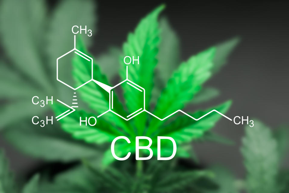 Chemical formula for CBD in the forefront with a blurry image of a marijuana leaf in the background.