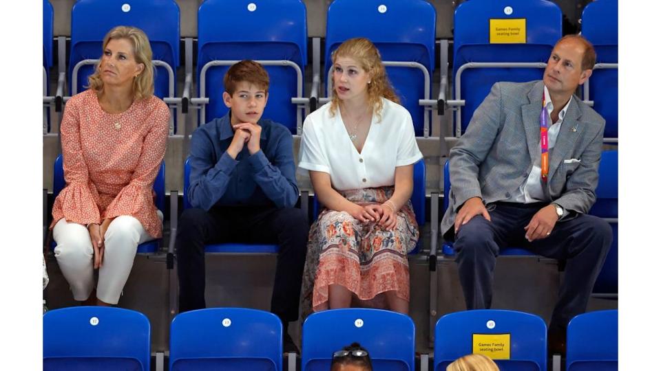 Duchess Sophie, James, Earl of Wessex, Lady Louise Windsor and Prince Edward watching swimming