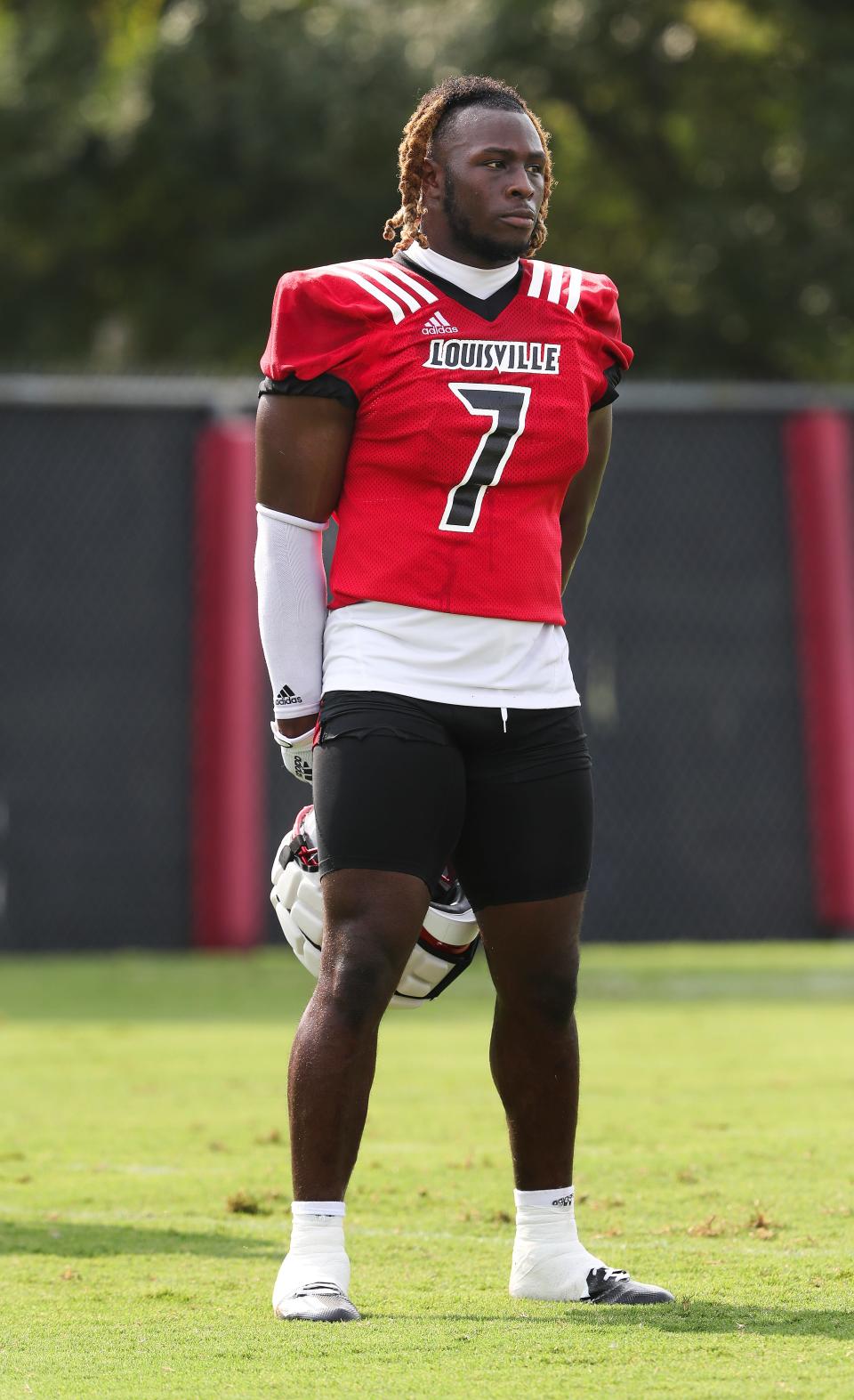 U of L LB Monty Montgomery (7) during a break in practice on fan day outside Cardinal Stadium in Louisville, Ky. on Aug. 8, 2021.  