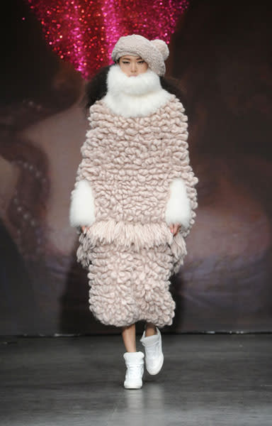 <b>London Fashion Week AW13: Sister by Sibling</b> <br><br>Designs included this bizarre shaggy knit look.<br><br>© Getty