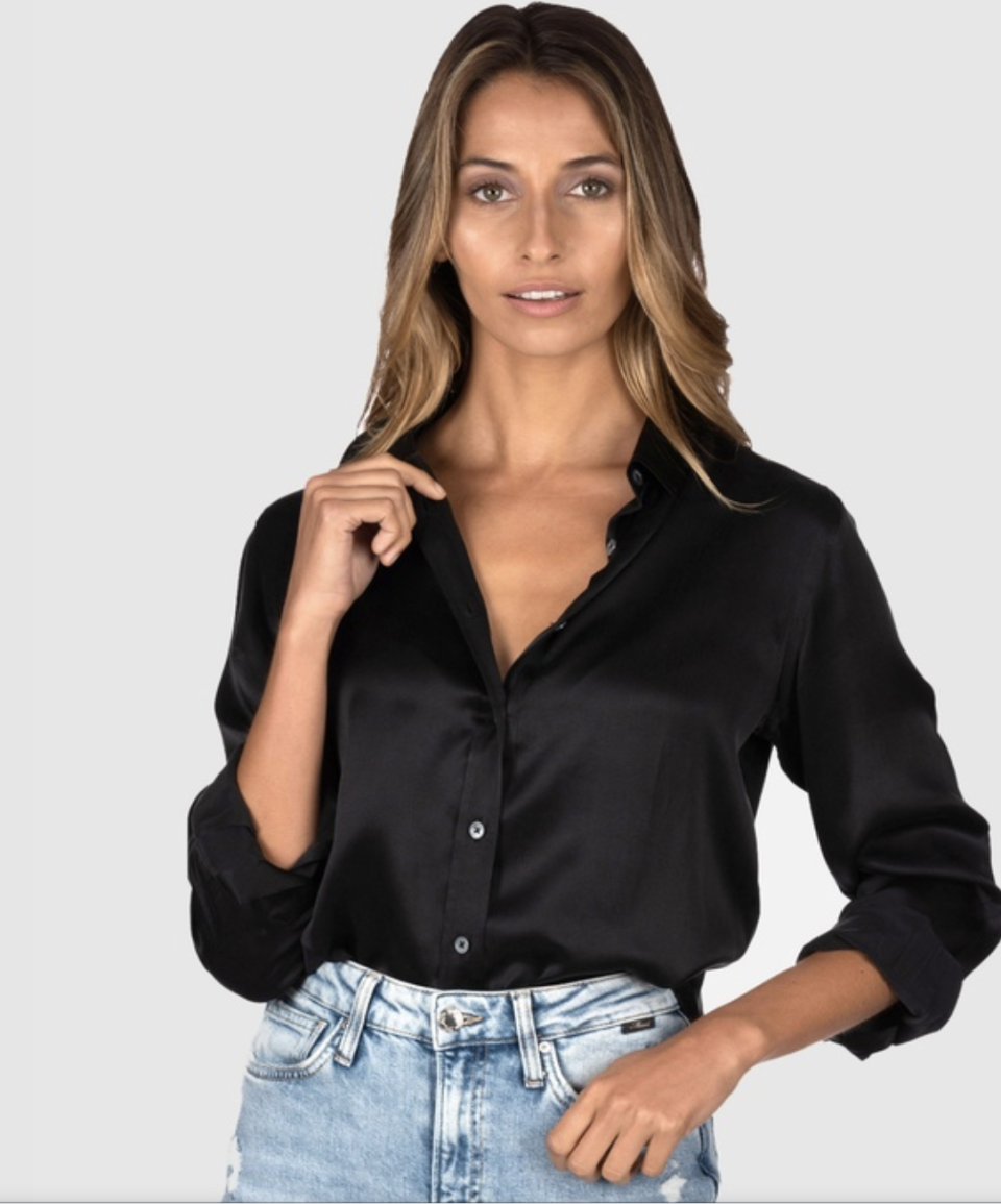 Model in satin silk shirt from Camixa