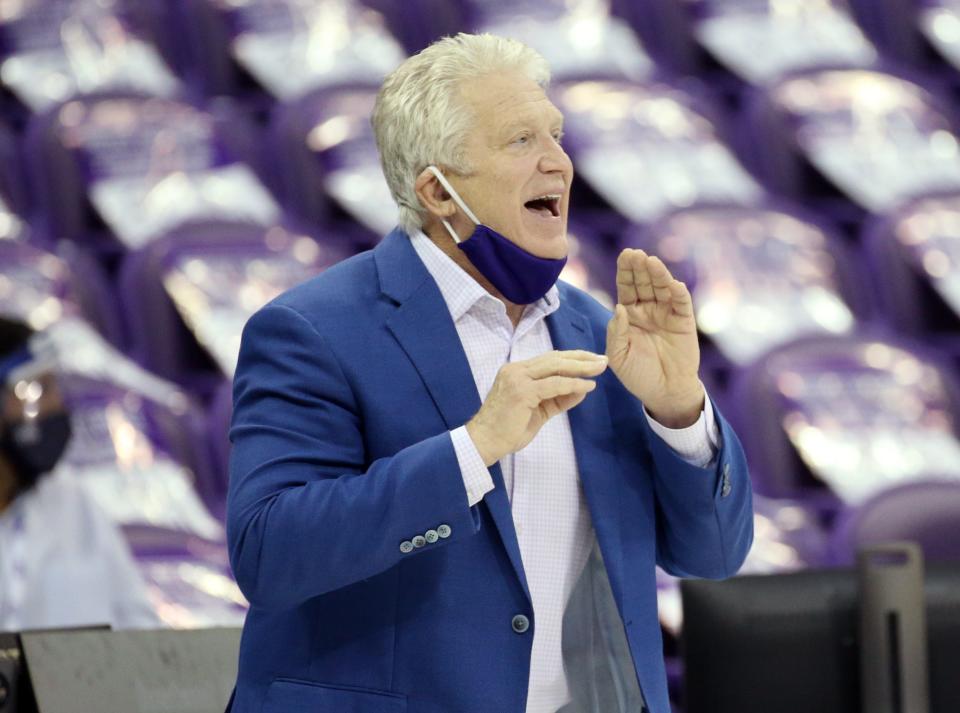 Dec 3, 2020; Fort Worth, Texas, USA;  Northwestern State Demons head coach Mike McConathy reacts during the first half against the TCU Horned Frogs at Ed and Rae Schollmaier Arena. Mandatory Credit: Kevin Jairaj-USA TODAY Sports