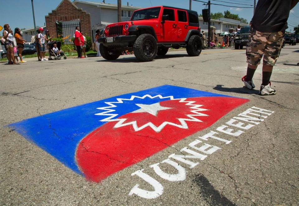 Entries passed by during the JuneteenthKC 2021 Cultural Parade Saturday, June 12, 2021 in the Historic Jazz District near 18th and Vine.