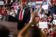 President Donald Trump speaks during a campaign rally at the Santa Ana Star Center, Monday, Sept. 16, 2019, in Rio Rancho, N.M. (AP Photo/Evan Vucci)