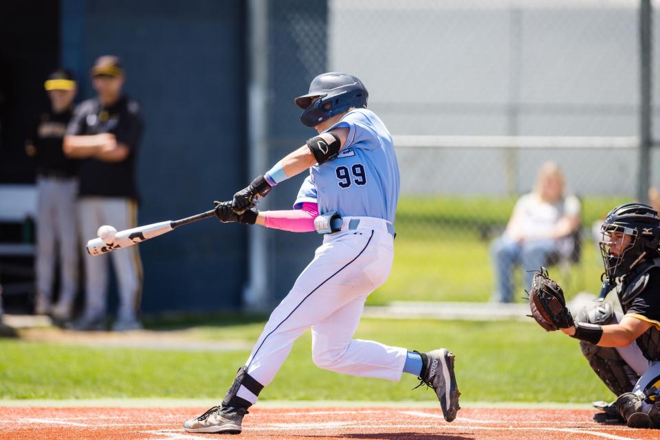 Westlake’s Sage Strayer hits the ball during the first round of the 6A boys baseball state playoffs at Westlake High School in Saratoga Springs on Monday, May 15, 2023. | Ryan Sun, Deseret News