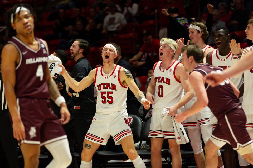Utah Utes teammates cheer from the bench during the men’s college basketball game between the University of Utah and Bellarmine University at the Jon M. Huntsman Center in Salt Lake City on Wednesday, Dec. 20, 2023.