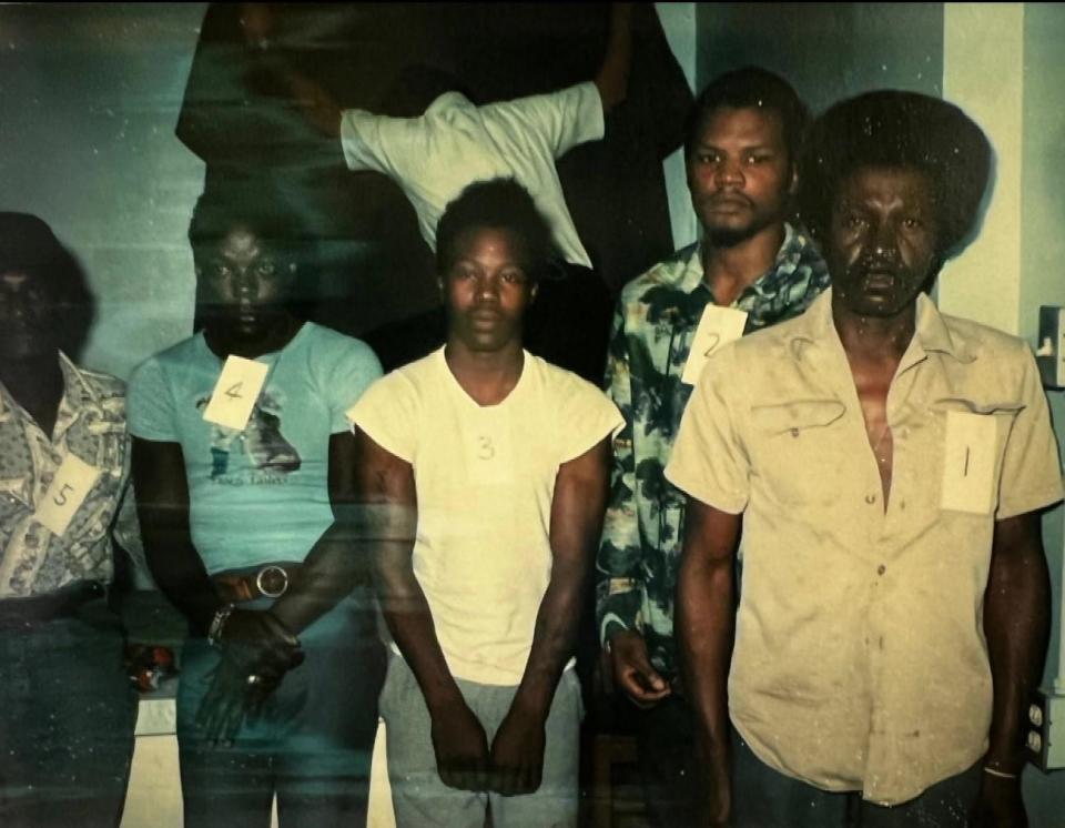 Vincent Simmons, second from left, is seen standing in what appears to be a lineup after he was arrested on May 23, 1977.  / Credit: Avoyelles Parish District Attorney's Office