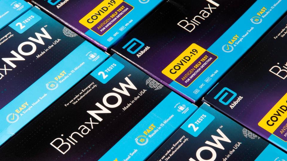 PHOTO: Boxes of BinaxNow a COVID-19 at home test kit made by Abbott, Aug. 13, 2022, in North Haledon, N.J.  (Michael Bocchieri/Getty Images)