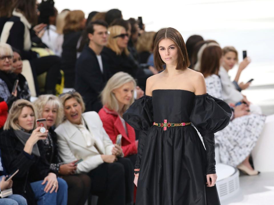 Model Kaia Gerber wears a creation for the Chanel fashion collection