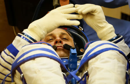 The International Space Station (ISS) crew member Anton Shkaplerov of Russia looks on during his space suit check shortly before his launch at the Baikonur Cosmodrome, Kazakhstan December 17, 2017. REUTERS/Shamil Zhumatov