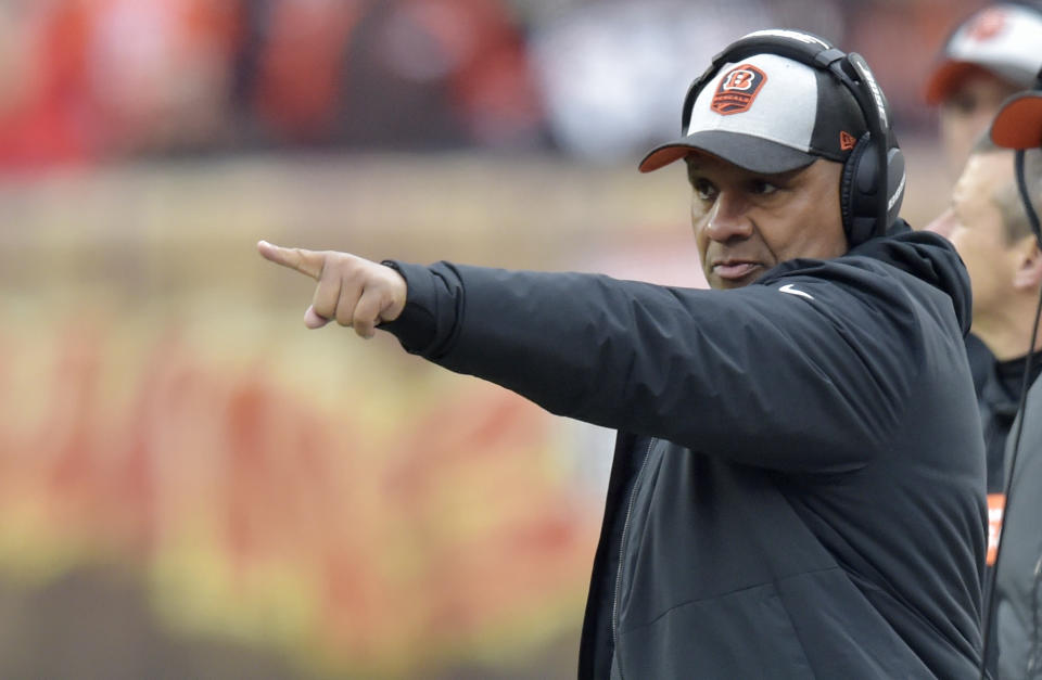Cincinnati Bengals special assistant to the head coach Hue Jackson points during the first half of an NFL football game against the Cleveland Browns, Sunday, Dec. 23, 2018, in Cleveland. (AP Photo/David Richard)