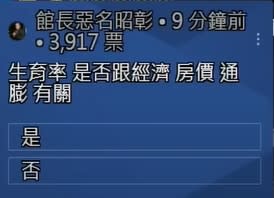 館長在聊天室與粉絲討論，投票詢問「生育率是否跟經濟、房價、通膨有關。」（圖／翻攝自館長惡名昭彰 YouTube）