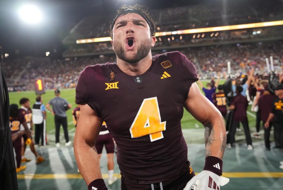 Arizona State running back Cam Skattebo (4) celebrates during the final seconds of a 35-31 win against the Kansas Jayhawks at Mountain America Stadium on Oct. 5, 2024.