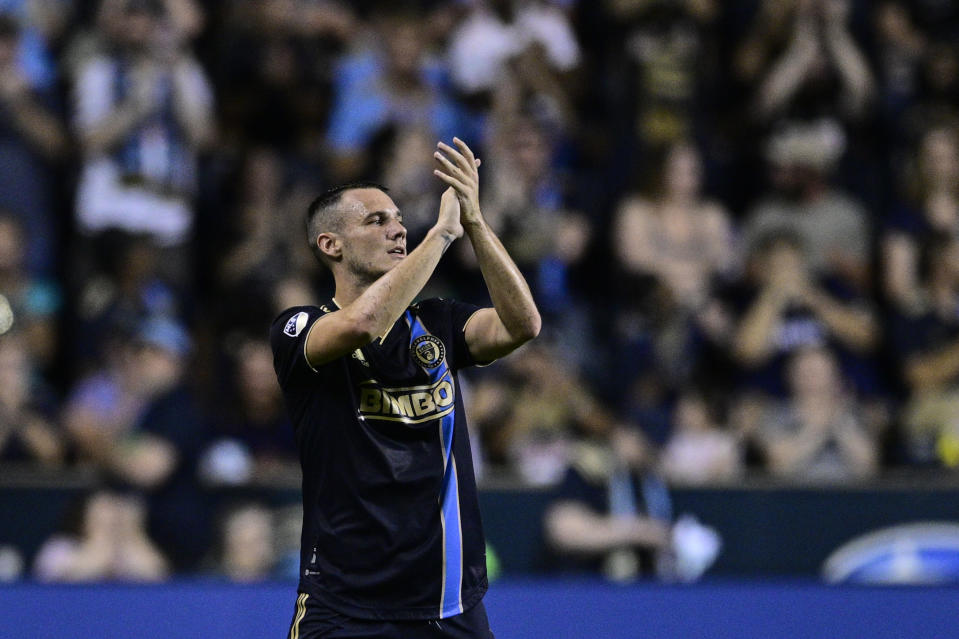 Philadelphia Union's Déniel Gazdag waves to the crowd after exiting during the second half of the team's MLS soccer match against the Houston Dynamo, Saturday, July 30, 2022, in Chester, Pa. (AP Photo/Derik Hamilton)