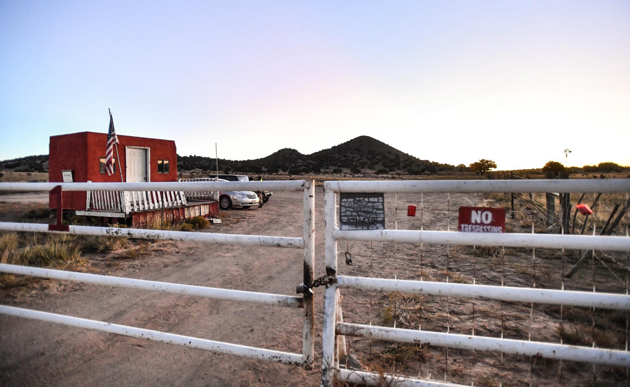 A locked gate at the entrance to the Bonanza Creek Ranch where filming of the movie 