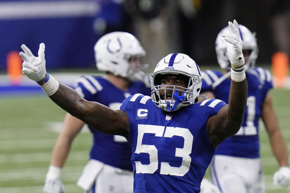 Indianapolis Colts' Darius Leonard (53) celebrates after forcing the Green Bay Packers to turn the ball over on down during the second half of an NFL football game, Sunday, Nov. 22, 2020, in Indianapolis. (AP Photo/AJ Mast)