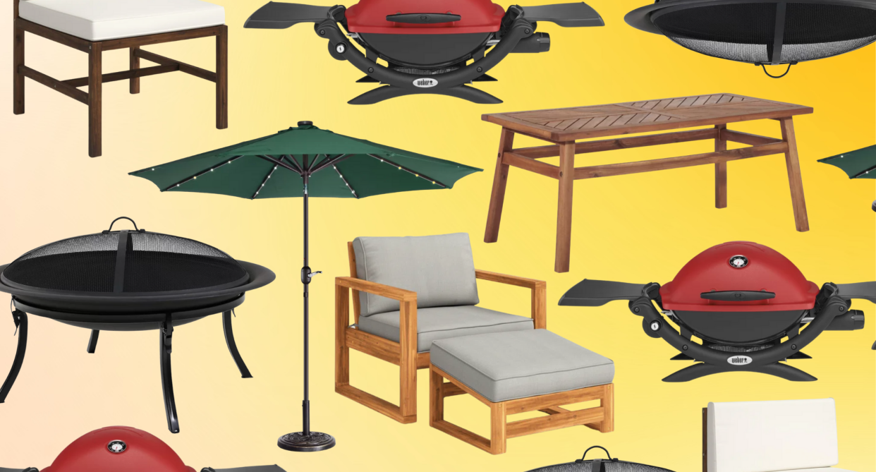 patio furniture, red bbq, coffee table, fire pit on yellow background, wayfair warehouse clearout event sale