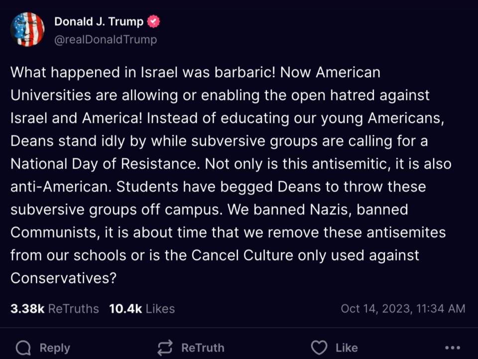 Donald Trump criticises student protests in support of Palestinians following the Hamas attack on Israel and Israel’s retaliatory bombing campaign (screengrab/truth social)