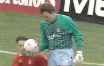 <p>Nottingham Forest’s Gary Crosby sneaks up on Manchester City keeper Andy Dibble and heads the ball out of his hand in 1990… </p>