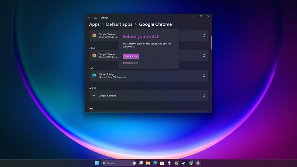 Windows 11 pop-up begging you to try Edge instead of switching to Chrome