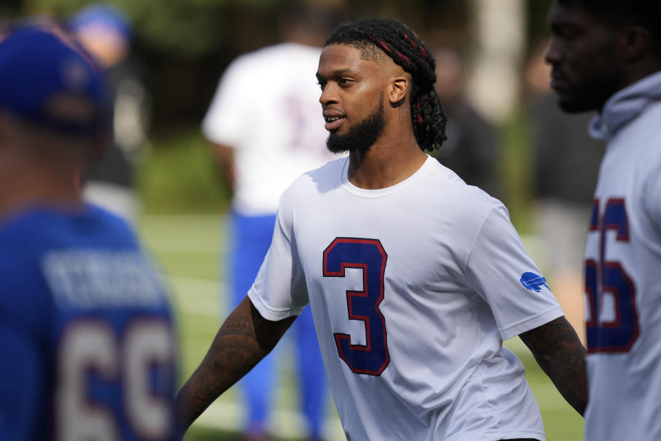 Buffalo Bills safety Damar Hamlin (3) warms up during a practice session in Watford, Hertfordshire, England, north-west of London, Friday, Oct. 6, 2023. The Buffalo Bills will take on the Jacksonville Jaguars in a regular season game at Tottenham Hotspur Stadium on Sunday. (AP Photo/Steve Luciano)