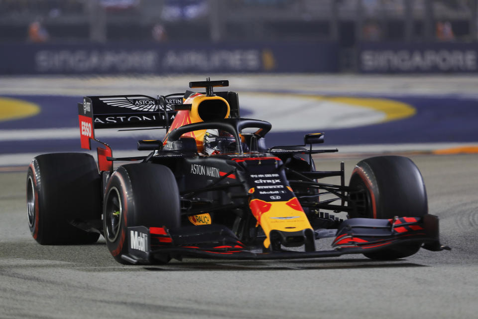 Red Bull driver Max Verstappen of the Netherlands steers his car during the Singapore Formula One Grand Prix, at the Marina Bay City Circuit in Singapore, Sunday, Sept. 22, 2019. (AP Photo/Lim Yong Teck)