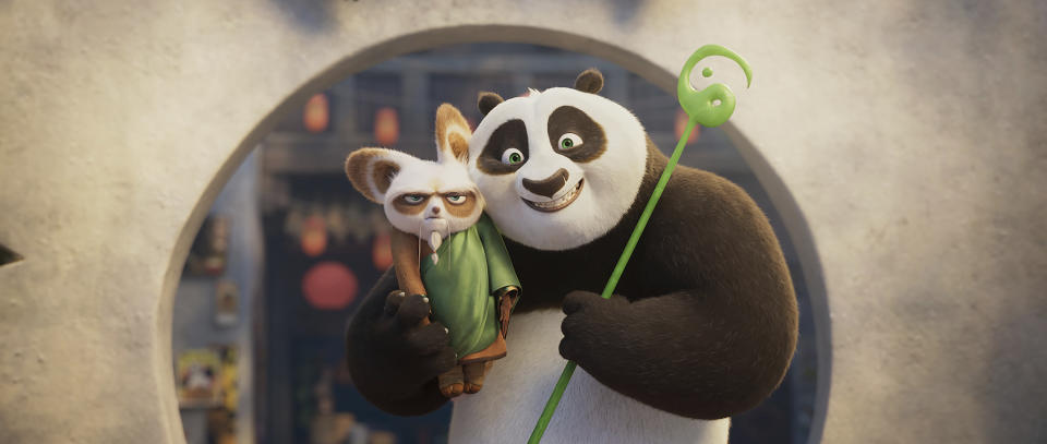 This image released by Universal Pictures shows characters Shifu, voiced by Dustin Hoffman, left, and Po, voiced by Jack Black in a scene from DreamWorks Animation's "Kung Fu Panda 4." (DreamWorks Animation/Universal Pictures via AP)