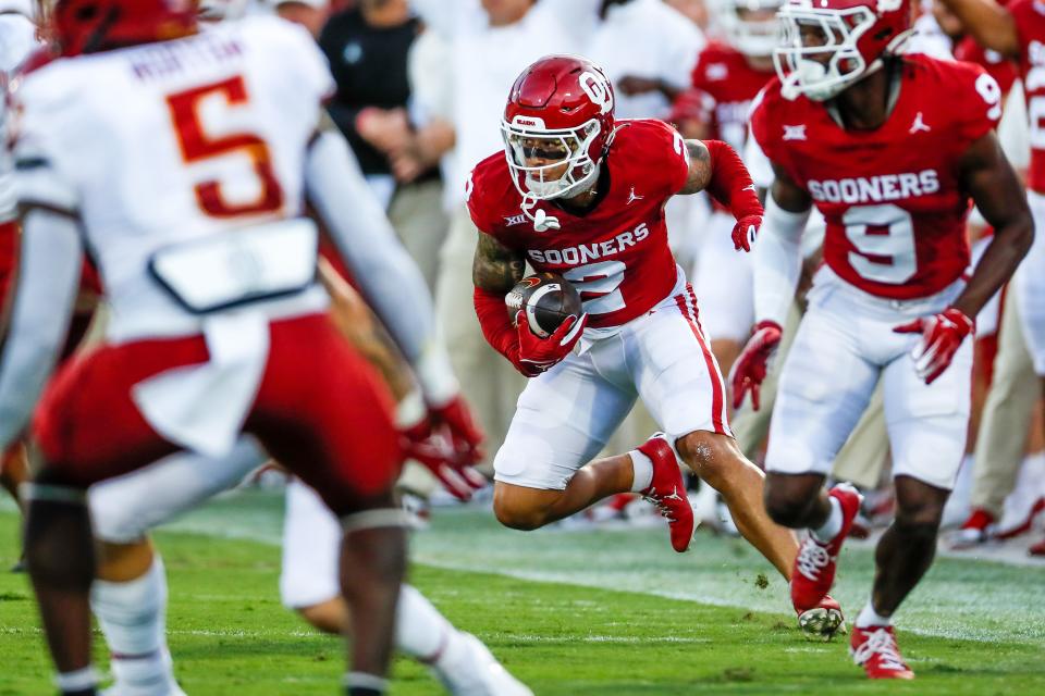 Oklahoma's Billy Bowman Jr. (2) intercepts a pass and runs the ball in for a touchdown in the first quarter during an NCAA football game between University of Oklahoma (OU) and Iowa State at the Gaylord Family Oklahoma Memorial Stadium in Norman, Okla., on Saturday, Sept. 30, 2023.