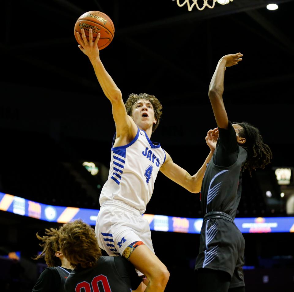 Marshfield's Tegen Curley tosses up a field goal as the Bluejays took on the Glendale Falcons in the first round of the Gold Division during the Blue and Gold Tournament at Great Southern Bank Arena on Tuesday, Dec. 26, 2023.