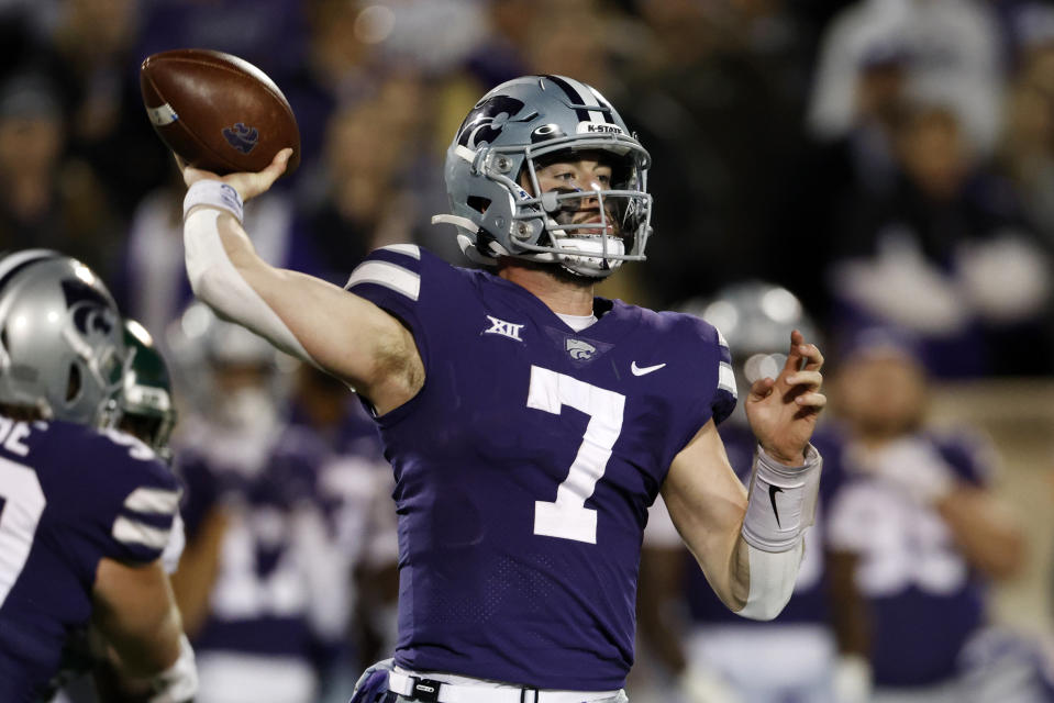 Kansas State quarterback Skylar Thompson passes the ball during the second half of an NCAA college football game against Baylor on Saturday, Nov. 20, 2021 in Manhattan, Kan. (AP Photo/Colin E. Braley)