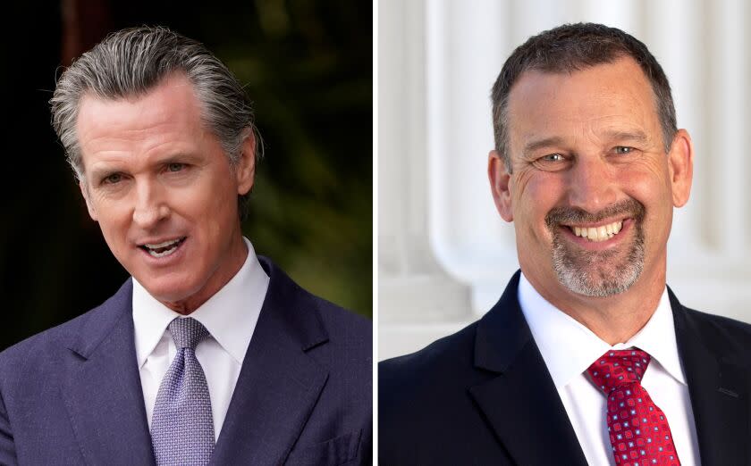 Left, May 27 photo of Gov. Gavin Newsom during an event in San Francisco. Right, California State Senator and gubernatorial candidate. Brian Dahle. (Eric Risberg, Lorie Leilani Shelley / AP, BrianDahle.com)