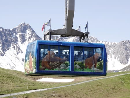 Pictures on a cable car of the Weisshornbahnen promote the Arosa Baerenland sanctuary in the mountain resort of Arosa