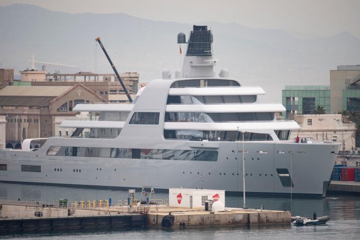 The 140 m (461 ft) long Lloyd Werft Solaris superyacht, owned by Russian billionaire Roman Abramovich, is seen moored at the port of Barcelona, on March 1, 2022. - Chelsea owner Roman Abramovich on March 2, 2022, confirmed he will sell the Premier League club amid Russia's invasion of Ukraine. The Russian billionaire is also selling his London properties, British lawmaker Chris Bryant said in Parliament. (Photo by Josep LAGO / AFP) (Photo by JOSEP LAGO/AFP via Getty Images)