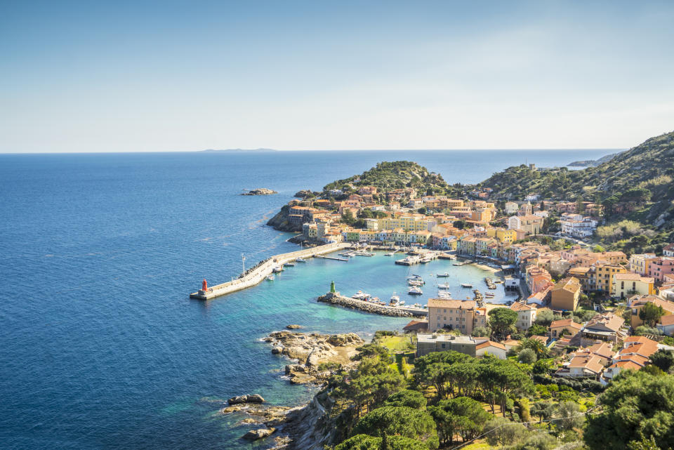 Pictured is a birds eye photo of the coast of Giglio island. Source: Getty