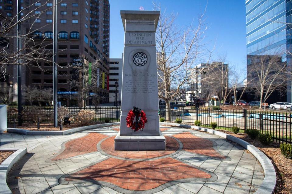 A wreath in remembrance of Brenda Cowan, Lexington’s first Black female firefighter who died on duty in 2004, was placed in front of the Lexington Fallen Firefighter’s Monument at Phoenix Park. February 13, 2024.