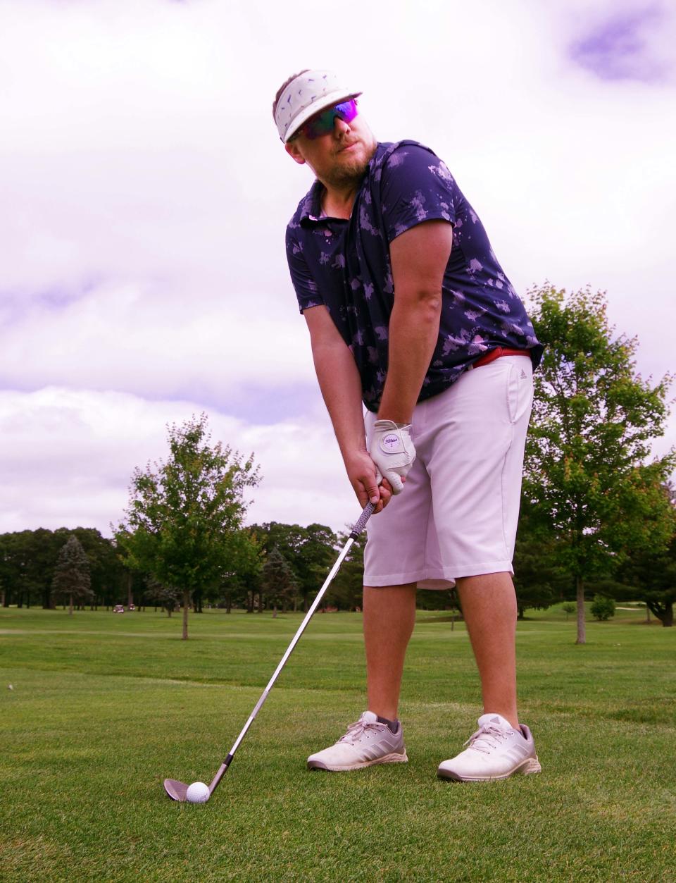 Brien Toland, visiting from Washington, D.C., and playing in the Brockton Open, lines up an approach shot from the fairway at the D.W. Field Golf Course in Brockton on Friday, June 23, 2023.