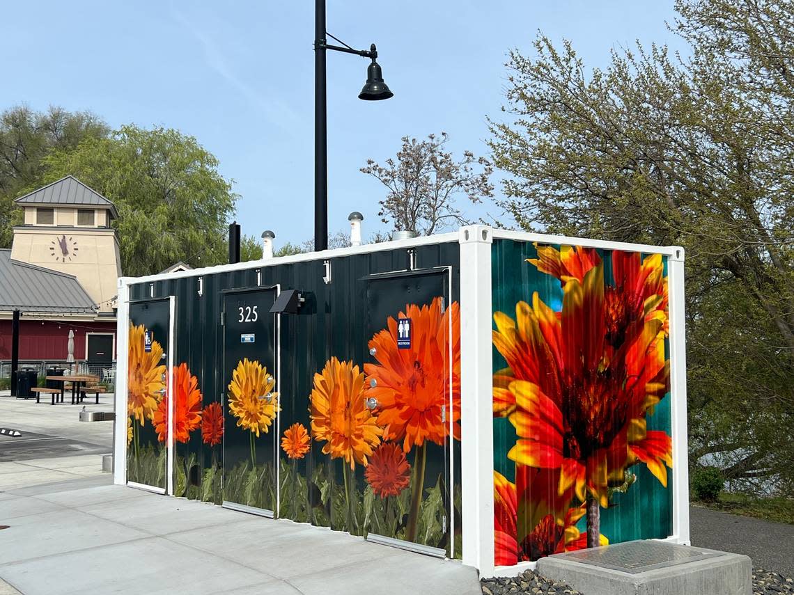 The Port of Kennewick has transformed the new shipping container-turned restroom at Columbia Gardens Wine & Artisan Village into a public art amenity with floral imagery designed by P.S. Media. The wine and food truck village is at 421 E. Columbia Drive, Kennewick, near the cable bridge and Duffy’s Pond.