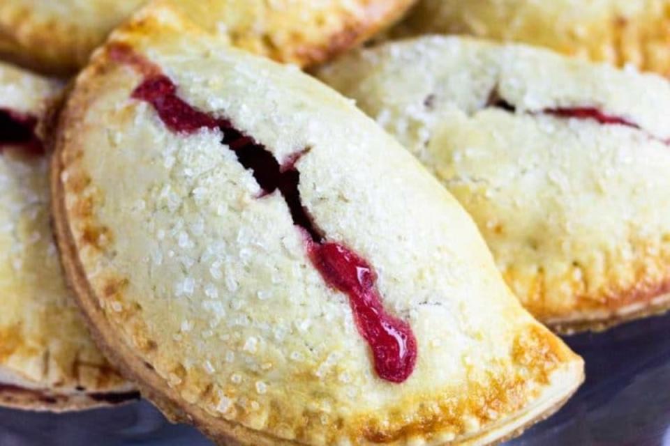 <p>Kevin is Cooking</p><p> The sweet, tart and delectable fruit juice drips through the cracks of the flakey and tender empanada dough that’s been baked to a golden brown.</p><p><strong>Get the recipe:</strong> <a href="https://keviniscooking.com/rhubarb-baked-empanadas/" rel="nofollow noopener" target="_blank" data-ylk="slk:Baked Rhubarb Empanadas;elm:context_link;itc:0;sec:content-canvas" class="link ">Baked Rhubarb Empanadas</a></p>