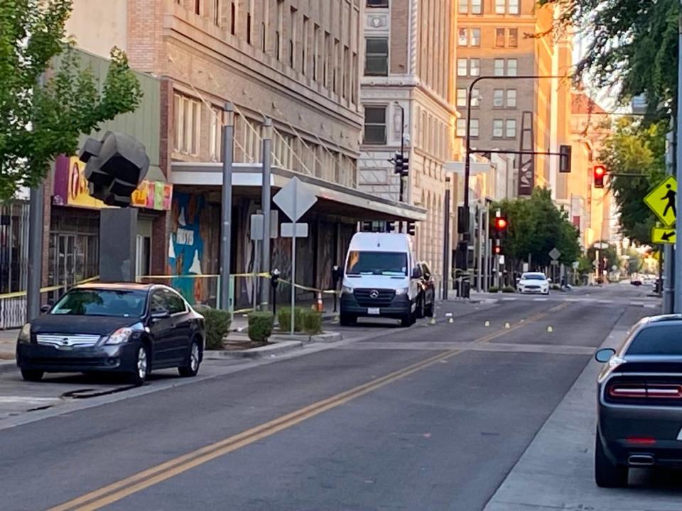 Investigators closed down Fulton Street between Kern and Fresno streets in Fresno on Friday, June 2, 2023, after a fatal stabbing, police said.