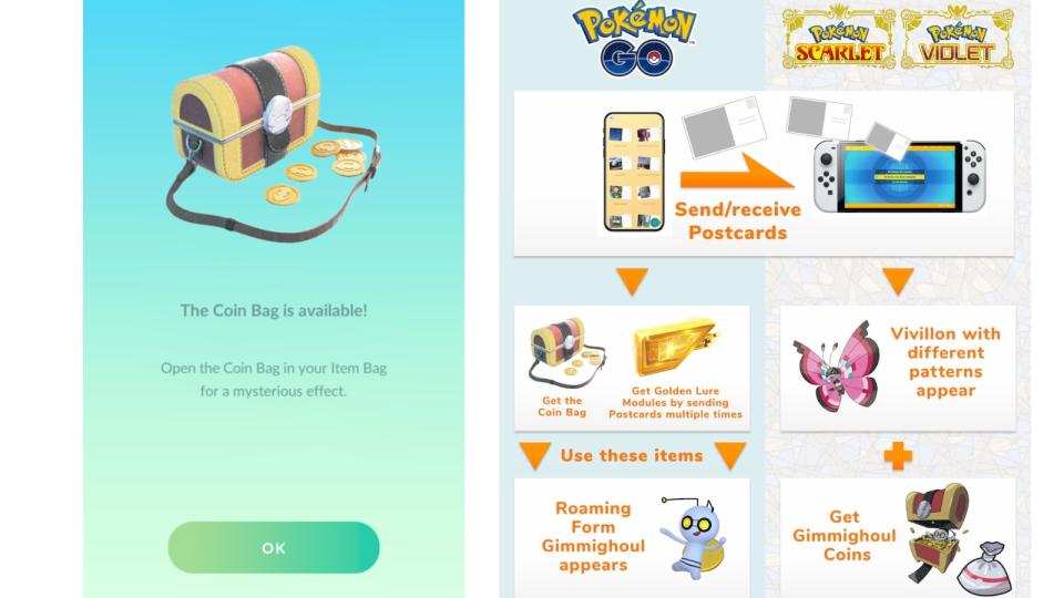 You would need a coin bag to start catching Gimmighoul, which you can get after sending Postcards to Scarlet and Violet via Pokémon GO. (Photo: Niantic, Game Freak)