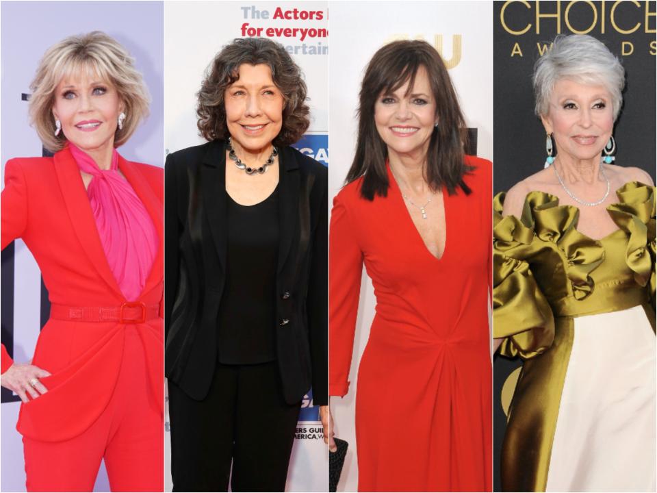 Side by sides of Jane, Lily, Sally, and Rita smiling on red carpets.